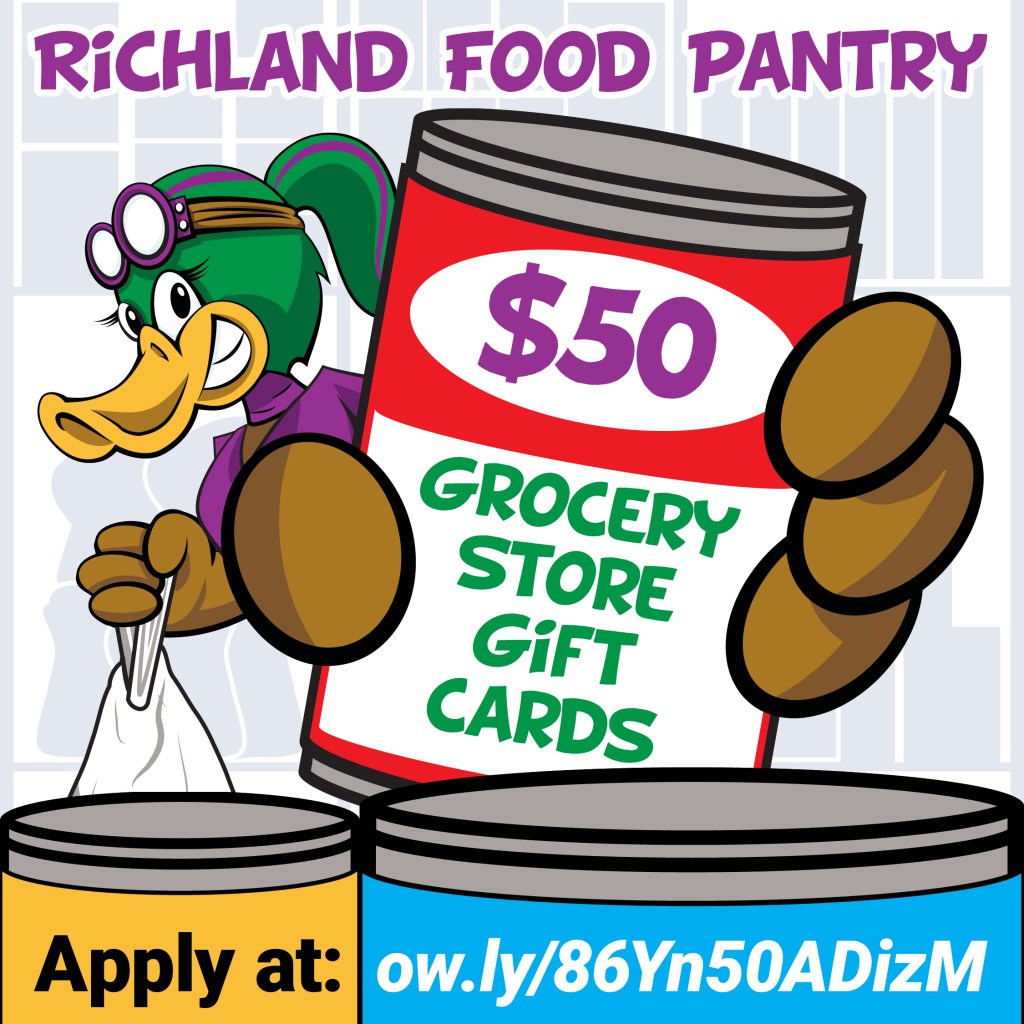 "Richland Food Pantry $50 Grocery Store Gift Cards. Apply at: ow.ly/86Yn50ADizM" text. Image: Cartoon female duck with goggles carrying a grocery bag and picking up canned goods.