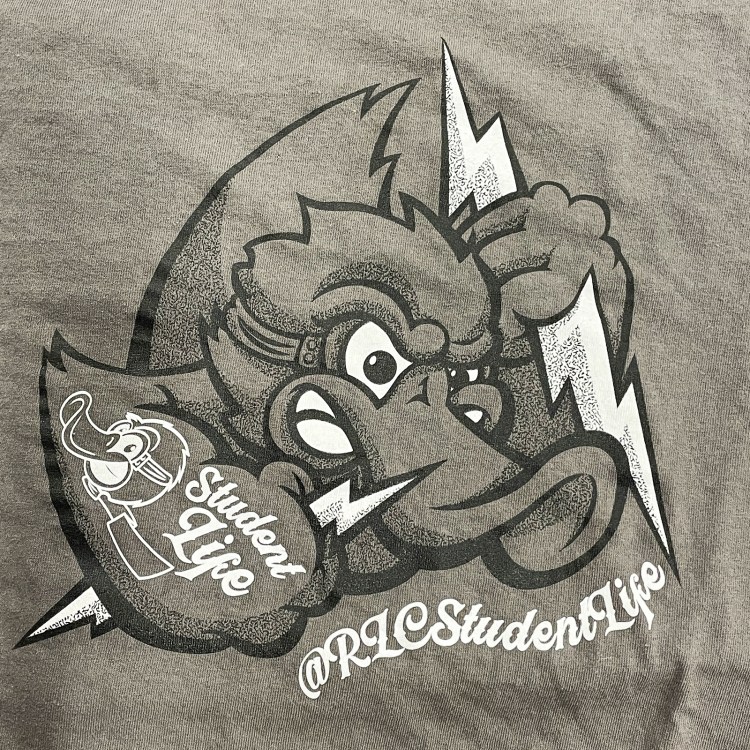 T-shirt illustration of an aggressive anthropomorphic duck wearing goggles and holding two thunderbolts. The duck has a tattoo image of another duck's head on its arm beside the words "Student Life." This is all over the text "@RLCStudentLife."