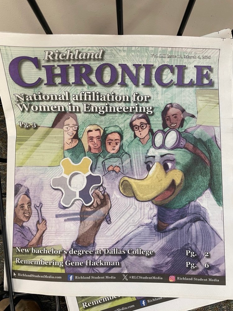 Photo of the Richland Chronicle student newspaper featuring an illustration of six women and one female duck 