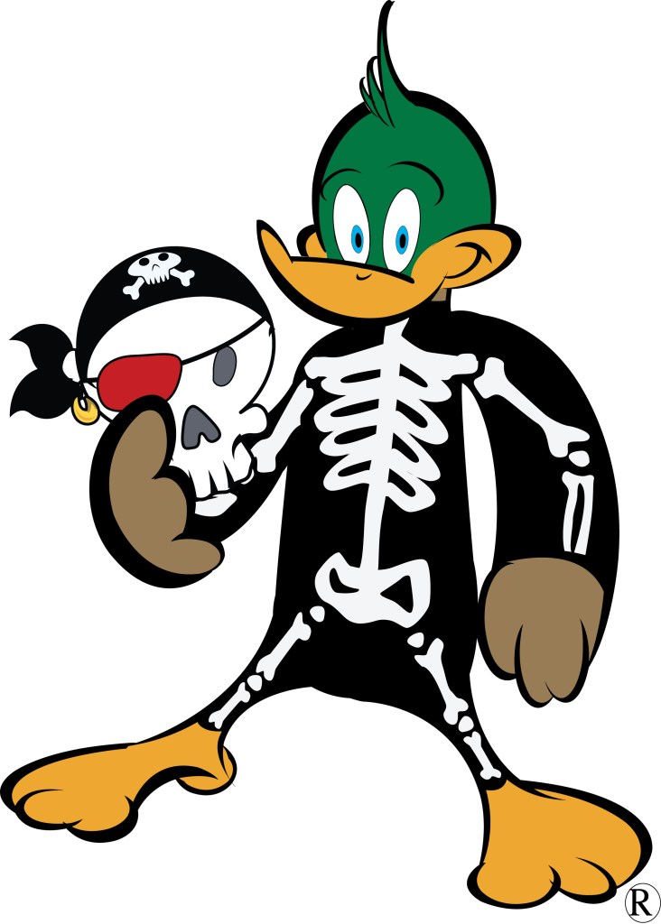 Illustration of an anthropomorphic duck, R. Möbius Thunderduck, the Richland Campus Dallas College mascot, dressed in a skeleton costume and holding a pirate skull.